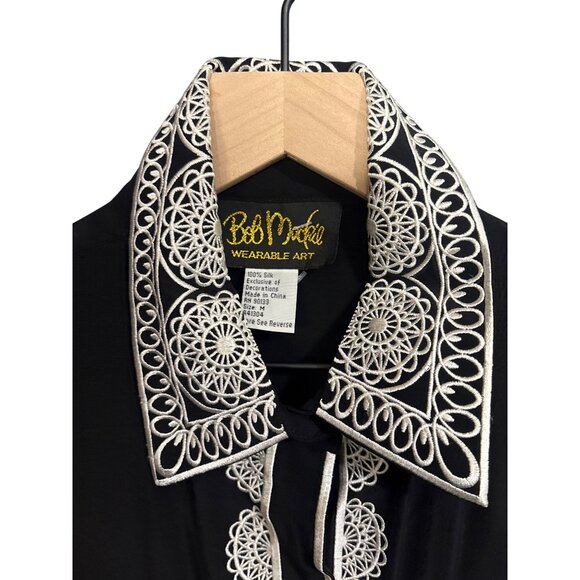 Bob Mackie M Silk Wearable Art Black Button-Up Shirt With White Embroidery Detai - Picture 2 of 5